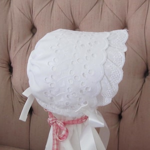 Medium Easter Bonnet with Ruffled Eyelet, Heirloom Bonnet, Vintage Look Bonnet, Christening Bonnet, Baptism Bonnet, Sunbonnet, Easter Bonnet