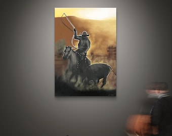 Cowboy bij zonsondergang – digitale download muurkunst westernpaard | Rustieke cowboyprint