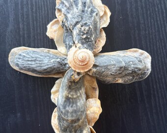 Boho Oyster Shell 8” x 6” Hanging Cross Coastal Rustic Beach Seashell Christian seashell