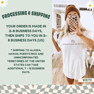 May include: White t-shirt with the text "ferment around and find out" in a brown font. The shirt is being modeled. The word "WHITE" is in a white box at the bottom right. The background is a light green color with a daisy graphic.