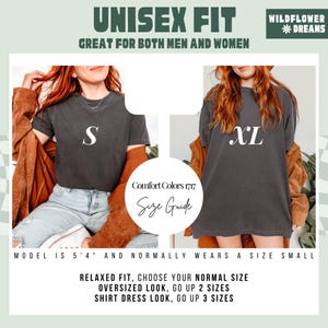 May include: A charcoal gray unisex t-shirt with the letter "S" printed on it, and another with "XL". The image includes text that reads "UNISEX FIT" and "GREAT FOR BOTH MEN AND WOMEN". A size guide is also included, with instructions for fit.