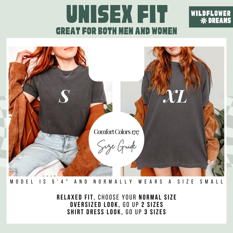 May include: A charcoal gray unisex t-shirt with the letter "S" printed on it, and another with "XL". The image includes text that reads "UNISEX FIT" and "GREAT FOR BOTH MEN AND WOMEN". A size guide is also included, with instructions for fit.