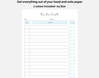 Puede incluir: Una plantilla de papel para lista de tareas en tamaño A4 con texto en negro y detalles en azul claro. El encabezado dice to do list, seguido de campos para día y mes. Incluye una columna numerada, una columna de tareas y una de casillas.