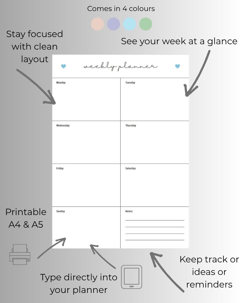 One Page Weekly Planner Printable A4 & A5 | Minimalist Design, Editable ...