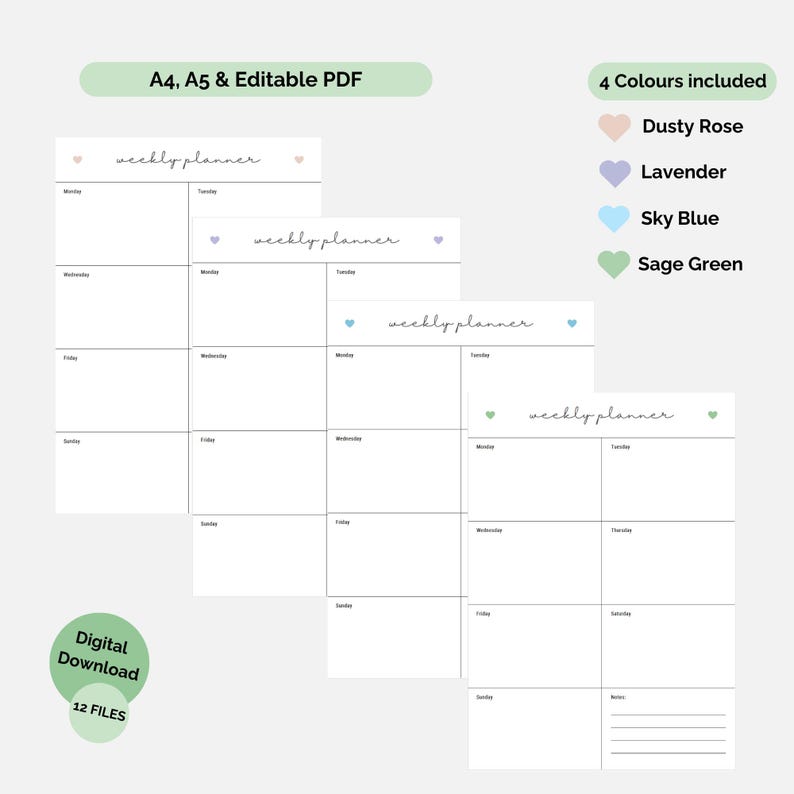One Page Weekly Planner Printable A4 & A5 | Minimalist Design, Editable ...