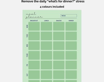 Może przedstawiać: Jasnozielony planer posiłków z tygodniową siatką i kolumnami na śniadanie, lunch, przekąski i kolację. Tekst zawiera napisy Meal Planner, Remove the daily what's for dinner? stress, 4 colours included oraz Week.