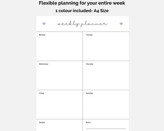 May include: A white A4 size weekly planner sheet featuring the text Weekly Planner, Flexible planning for your entire week, and 1 colour included- A4 Size. The layout includes sections for Monday through Sunday and a notes section with lines.