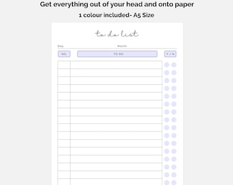 May include: A white A5 size to-do list planner page with the text 'to do list' at the top. It features columns for number, task, and a Y/N checkbox column, with a dedicated notes section at the bottom. The layout includes lines for daily tasks.