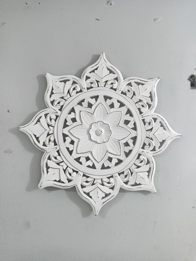 Buy Hand Carved White Wooden Wall Panel | Floral Mandala Art Round ...
