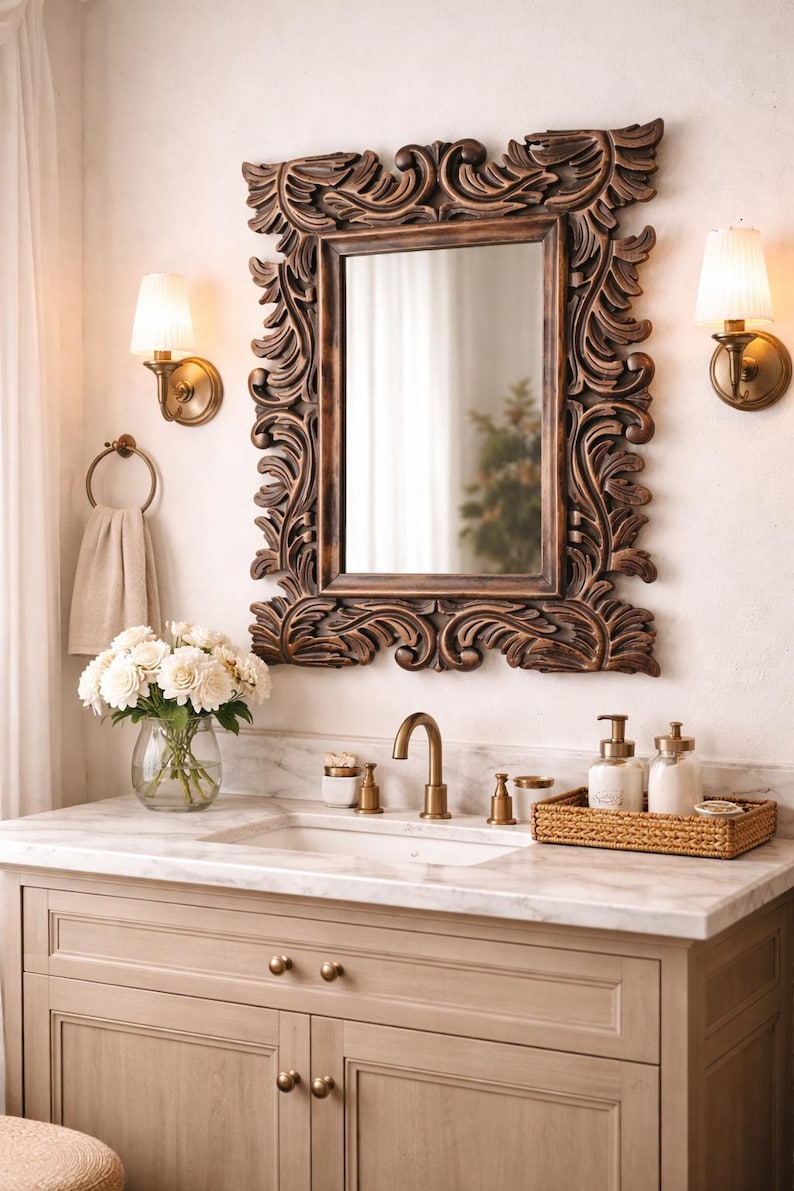 Handmade Wood Mirror Frame, Antique Brown Finish (23x18 inch) image 7