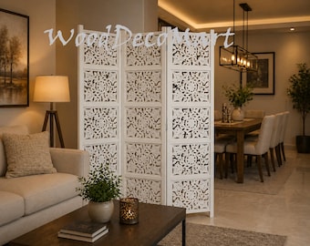 Mampara divisoria de madera con diseño tallado, biombo plegable, panel decorativo para mayor privacidad.