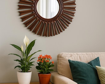 Wooden Sunburst Mirror Frame, Rustic Wall Mirror Decor, Handcrafted Wooden Mirror, Boho Sun Mirror, Round Decorative Wall Art