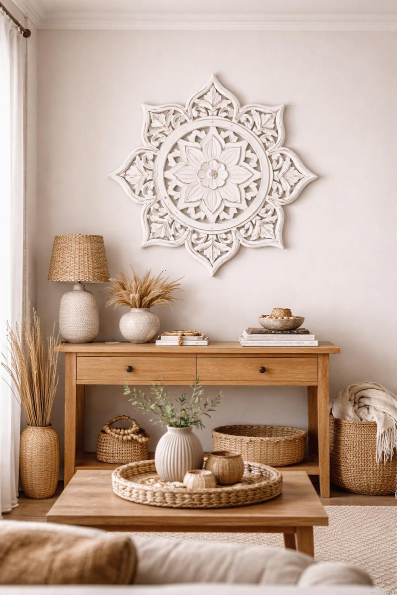 Buy Hand Carved White Wooden Wall Panel | Floral Mandala Art Round ...