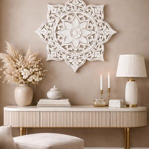 Buy Hand Carved White Wooden Wall Panel | Floral Mandala Art Round ...