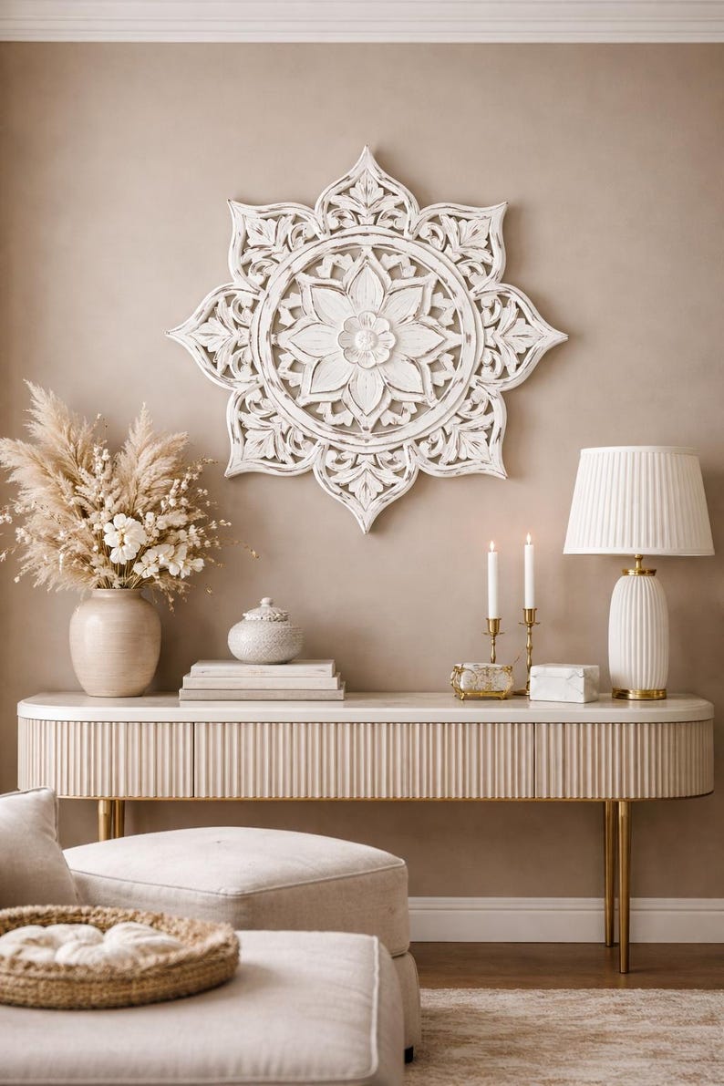 Buy Hand Carved White Wooden Wall Panel | Floral Mandala Art Round ...