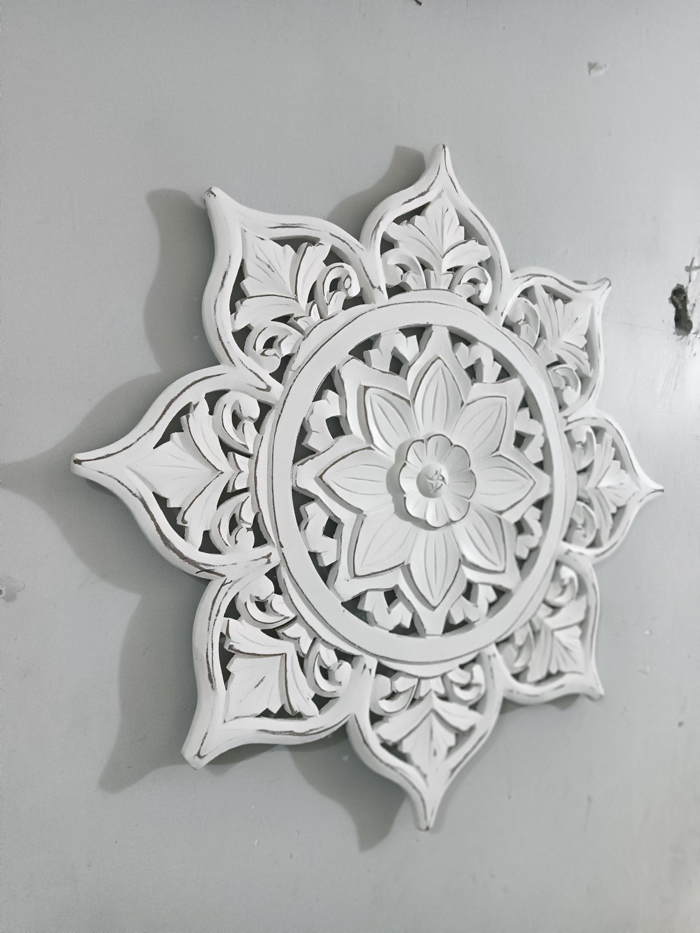 Buy Hand Carved White Wooden Wall Panel | Floral Mandala Art Round ...