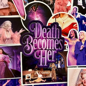 Könnte beinhalten: Eine Collage von Bildern mit dem Text "Death Becomes Her" in einer violetten, verzierten Schriftart. Die Bilder zeigen verschiedene Szenen und Porträts von Frauen in glamourösen Outfits, mit einem theatralischen Thema. Das Farbschema ist eine Mischung aus Lila, Rosa und Rot.