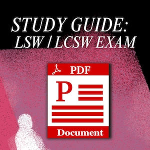 Puede incluir: Icono de documento PDF rojo con la letra "P" y líneas horizontales, etiquetado como "Documento". El texto "STUDY GUIDE: LSW / LCSW EXAM" se muestra en blanco sobre un fondo negro con un diseño moteado rosa.