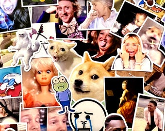 May include: A collage of various meme stickers featuring images of internet memes, including a cat, a dog, a doll, and several human faces with exaggerated expressions. The stickers are of different sizes and shapes.