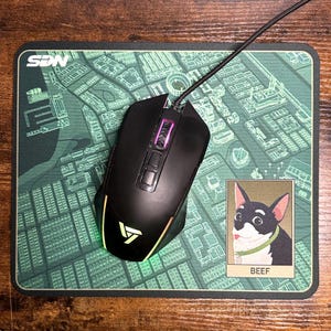 May include: Black gaming mouse with a wired connection, resting on a green mousepad with a city map design. The mousepad also features a cartoon dog illustration with the name "BEEF". The mouse has a glowing logo and accents.
