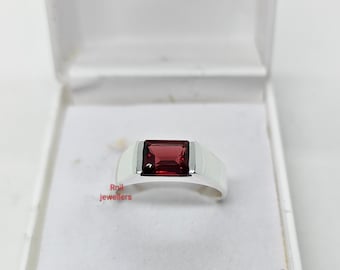 Emerald Cut Red Garnet Men's Ring - 925 Sterling Silver Wedding Band