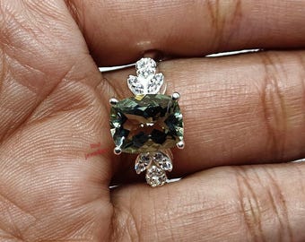 Anillo de amatista verde, anillo de cóctel de plata de ley con corte cojín