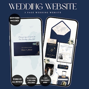 May include: Two smartphones displaying a 5-page wedding website template with a travel theme. The screens show navy blue and white graphics, including a passport, envelope, RSVP form, and suitcase, with text reading Wedding Website and RSVP Form Included.