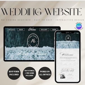 Op de afbeelding: Een digitale mockup van een trouwwebsite weergegeven op een tablet en smartphone. De website toont een golfachtergrond, de initialen "AS" in een cirkelvormig logo en de tekst "Wedding Website". Extra tekst omvat "RSVP Form Included" en "Works on All Devices."