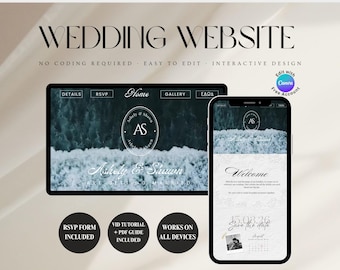 Ocean Wedding Website Template with RSVP, Coastal Beach wedding invitation, Sea wedding website design, destination wedding website