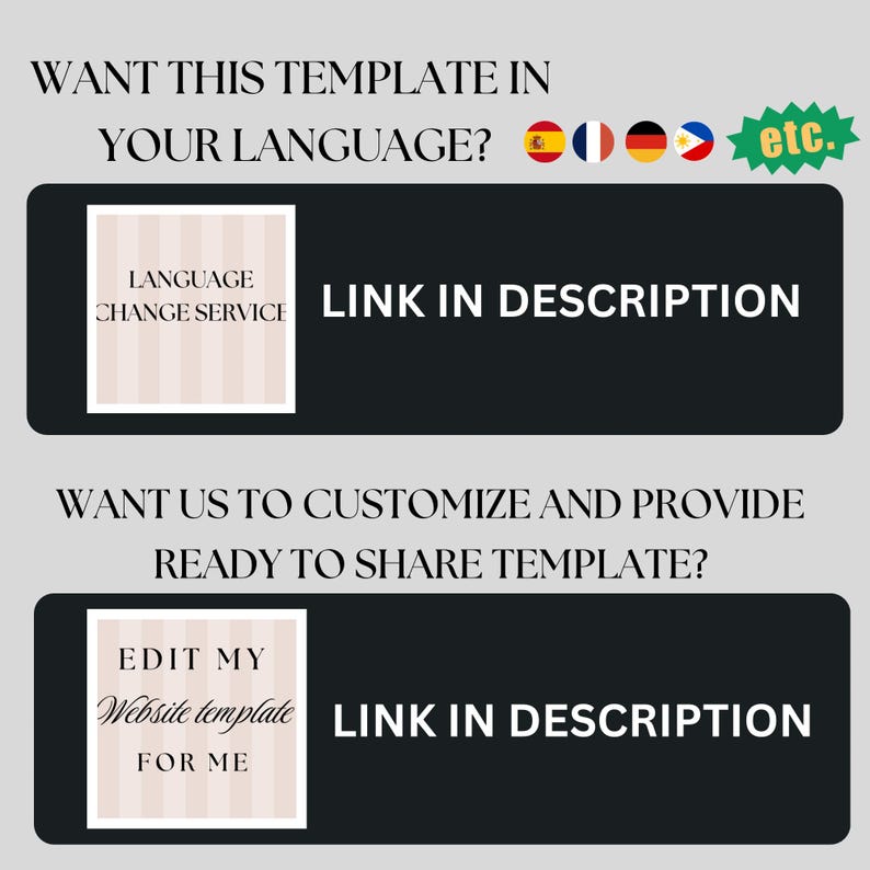 May include: A graphic with text offering language translation and website template customization services. The text includes "WANT THIS TEMPLATE IN YOUR LANGUAGE?" and "LINK IN DESCRIPTION". The image features a black background with white text and beige boxes.