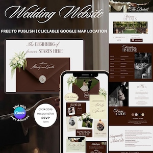 May include: A wedding website design with a dark brown and cream color scheme. The design includes a phone and tablet mockup displaying wedding details, RSVP form, and timeline. Text includes "Wedding Website" and "The Beginning of forever STARTS HERE."