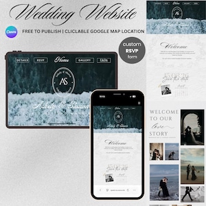 Puede incluir: Diseño de sitio web de bodas que se muestra en una tableta y un teléfono inteligente, con un fondo de olas y los nombres "Ashely & Shawn". El diseño incluye secciones para detalles, RSVP, galería y preguntas frecuentes, con una opción de formulario RSVP personalizado. El texto "Wedding Website" está en la parte superior.