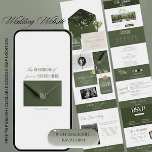 Op de afbeelding: Een website-ontwerp voor een bruiloft, weergegeven op een smartphone en een bureaubladindeling. Het ontwerp heeft een groen-witte kleurstelling met elegante lettertypen. De website bevat RSVP-formulieren en huwelijksdetails.