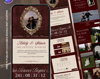 Old Money Wedding Website Template with RSVP form Editable ,Burgundy Vintage save the date wedding invitation website, digital save the date
