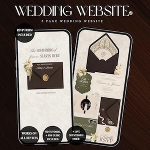 May include: Two smartphone screens displaying a 5-page wedding website template with a cream background, dark brown envelopes, gold wax seals, floral accents, and text including "The BEGINNING of forever STARTS HERE" and "RSVP FORM INCLUDED".
