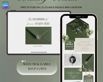 Olive Green Wedding Website Template with RSVP Editable Canva Design, envelope wedding website, Digital save the date animated website