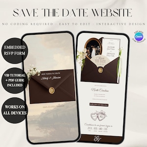 Op de afbeelding: Twee smartphones tonen een Save the Date website-sjabloon met een donkerbruine envelop, een waszegel en trouwdetails. De tekst bevat Save the Date Website, No Coding Required, Easy to Edit, Interactive Design, Embedded RSVP Form, Vid Tutorial + PDF Guide Included en Works on All Devices.