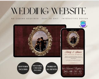 Old Money Burgundy Wedding Website Template with RSVP form, Baroque Gold Digital Invitation, vintage luxury wedding site, editable Canva