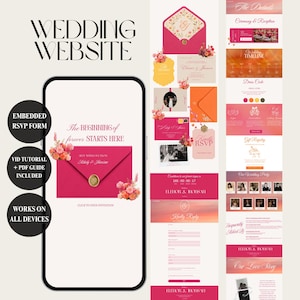 May include: A digital wedding website template displayed on a smartphone screen and vertical layout, featuring pink and orange color schemes, floral accents, RSVP forms, event timelines, and text including Wedding Website and The Beginning of Forever Starts Here.