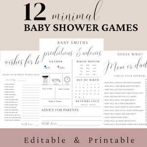Pacote de jogos para chá de bebê, gênero neutro, 12 jogos minimalistas para chá de bebê para imprimir, atividades para chá de bebê, jogos divertidos para chá de bebê