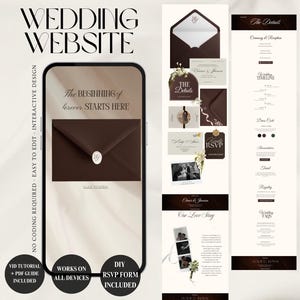 Brown & Ivory Wedding Website Template with RSVP, Editable Elegant Brown Floral Wedding Site, Brown Minimal Wedding Invitation Digital Canva