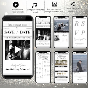 May include: A digital wedding invitation template on smartphones, designed with a newspaper theme. The black and white design includes photos and text such as "Save the Date" and RSVP details. The template is fully editable, allowing for customisation of text and images.