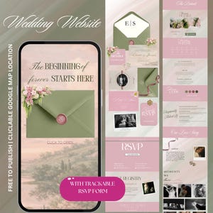 Elegant Pink & Green Wedding Website Template, minimal Save The Date Wedding website with Trackable RSVP form, dusty rose sage green website blush and olive green wedding website , Canva Editable (Digital Download) Editable Wedding Website Template with Custom RSVP Form, Details Page and Our Love Story | Paperless Digital Wedding Invitation Design | Brown Theme | DIY Canva Website Template | DIY RSVP Google Form | Free Domain | Instant Download)