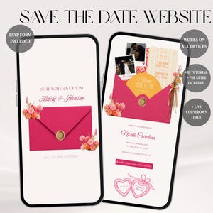 Puede incluir: Dos teléfonos inteligentes que muestran una plantilla de sitio web digital Save the Date. Las pantallas presentan un sobre rosa con un sello de cera dorado, detalles florales y texto que incluye "Save the Date", "Ashely & Thonsan" y "North Carolina". Las superposiciones de texto circulares destacan características como el formulario RSVP, la compatibilidad con dispositivos y el temporizador de cuenta regresiva.