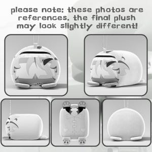 Pode incluir: Uma cole&ccedil;&atilde;o de brinquedos de pel&uacute;cia em v&aacute;rias formas e designs. Os brinquedos s&atilde;o principalmente brancos com detalhes cinzentos, com diferentes detalhes inspirados em personagens. A imagem inclui texto na parte superior indicando que as fotos s&atilde;o refer&ecirc;ncias.