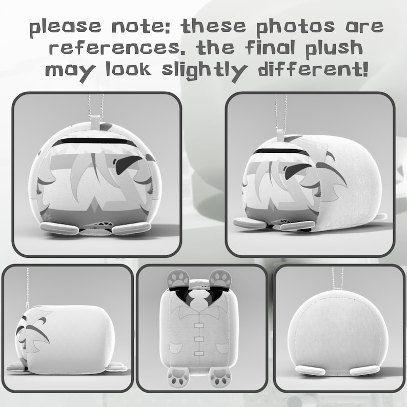 Pode incluir: Uma cole&ccedil;&atilde;o de brinquedos de pel&uacute;cia em v&aacute;rias formas e designs. Os brinquedos s&atilde;o principalmente brancos com detalhes cinzentos, com diferentes detalhes inspirados em personagens. A imagem inclui texto na parte superior indicando que as fotos s&atilde;o refer&ecirc;ncias.