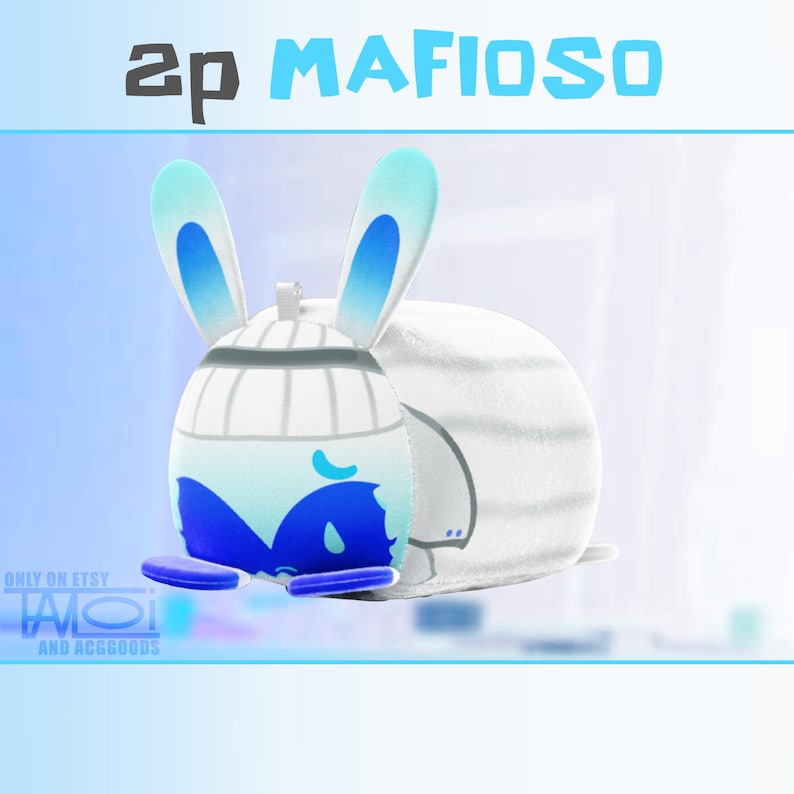 Pode incluir: Um brinquedo de pel&uacute;cia em forma de coelho com detalhes em azul e branco. O brinquedo tem orelhas compridas com interiores azuis e um corpo redondo. O texto "2P MAFIOSO" est&aacute; no topo, e "ONLY ON ETSY" e "TMO AND ACGGOODS" est&atilde;o na parte inferior.