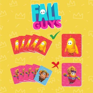 Peut inclure: Cartes de jeu Fall Guys avec des personnages variés. Les cartes sont principalement rouges avec des illustrations de personnages jaunes. Le logo Fall Guys est affiché en bleu et blanc. Un crochet vert et une croix rouge sont également présents.