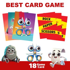 Może przedstawiać: Kolorowy zestaw kart do gry z napisem "BEST CARD GAME". Gra zawiera karty z postaciami z kreskówek nożyczek, kamienia i papieru. Zestaw zawiera 18 kart do gry.