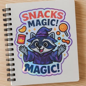 Snacks Magic Raccoon Sticker Cute Wizard Raccoon with Snacks Funny Holographic Vinyl Sticker for Laptops Water Bottles & Journals